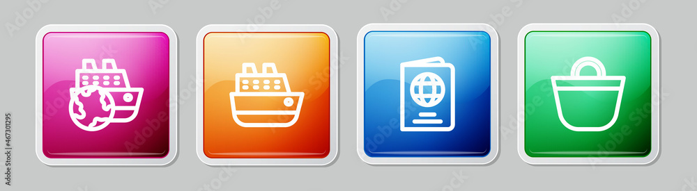Set line Cruise ship, , Passport and Beach bag. Colorful square button. Vector Set line Cruise ship, , Passport and Beach bag. Colorful square button. Vector