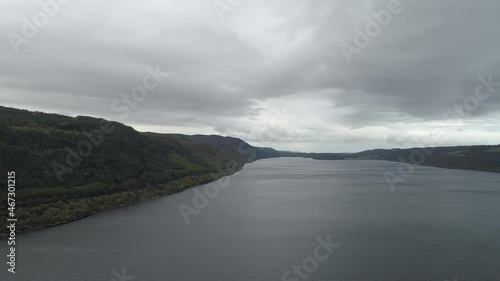 Loch Aerial Loch Ness cold gray waters, Scotland, United Kingdom, UK Mist, Rain, Storm
 photo
