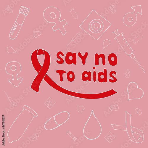 Red AIDS HIV vector symbol with condom and medcine,HIV-test on a pink background