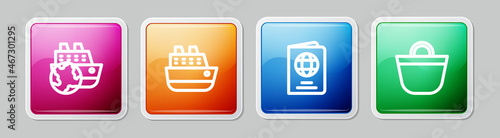 Set line Cruise ship, , Passport and Beach bag. Colorful square button. Vector