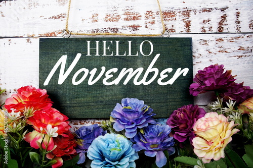 Hello November typography text decorate with flower on wooden background