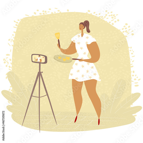 Housewife shares recipe on her blog. Woman films video for followers. Food blogger is broadcasting live. Cooking channel vlog
