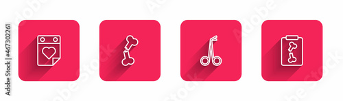 Set line Doctor appointment, Human broken bone, Medical scissors and X-ray shots with long shadow. Red square button. Vector