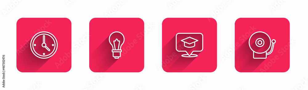 Set line Clock, Light bulb with idea, Graduation cap in speech bubble and Ringing alarm bell with long shadow. Red square button. Vector Set line Clock, Light bulb with idea, Graduation cap in speech bubble and Ringing alarm bell with long shadow. Red square button. Vector