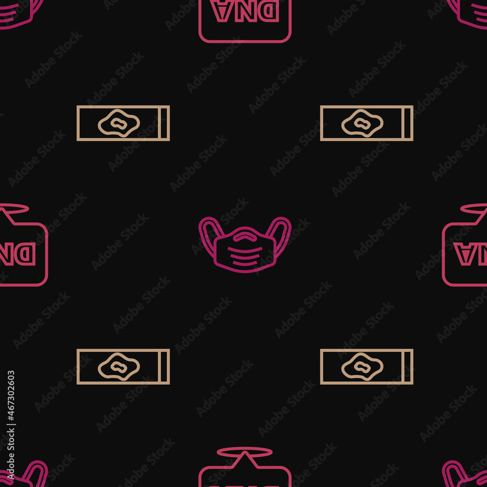 Set line DNA symbol, Blood test and virus and Medical protective mask on seamless pattern. Vector Set line DNA symbol, Blood test and virus and Medical protective mask on seamless pattern. Vector