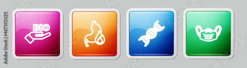 Set line Bio healthy food, Stomach heartburn, DNA symbol and Medical protective mask. Colorful square button. Vector