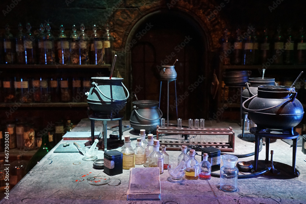 Fototapeta premium Interior design and decoration at Snape's potion classroon at the warner bros studio tour London- The making of Harry Potter, United Kingdom
