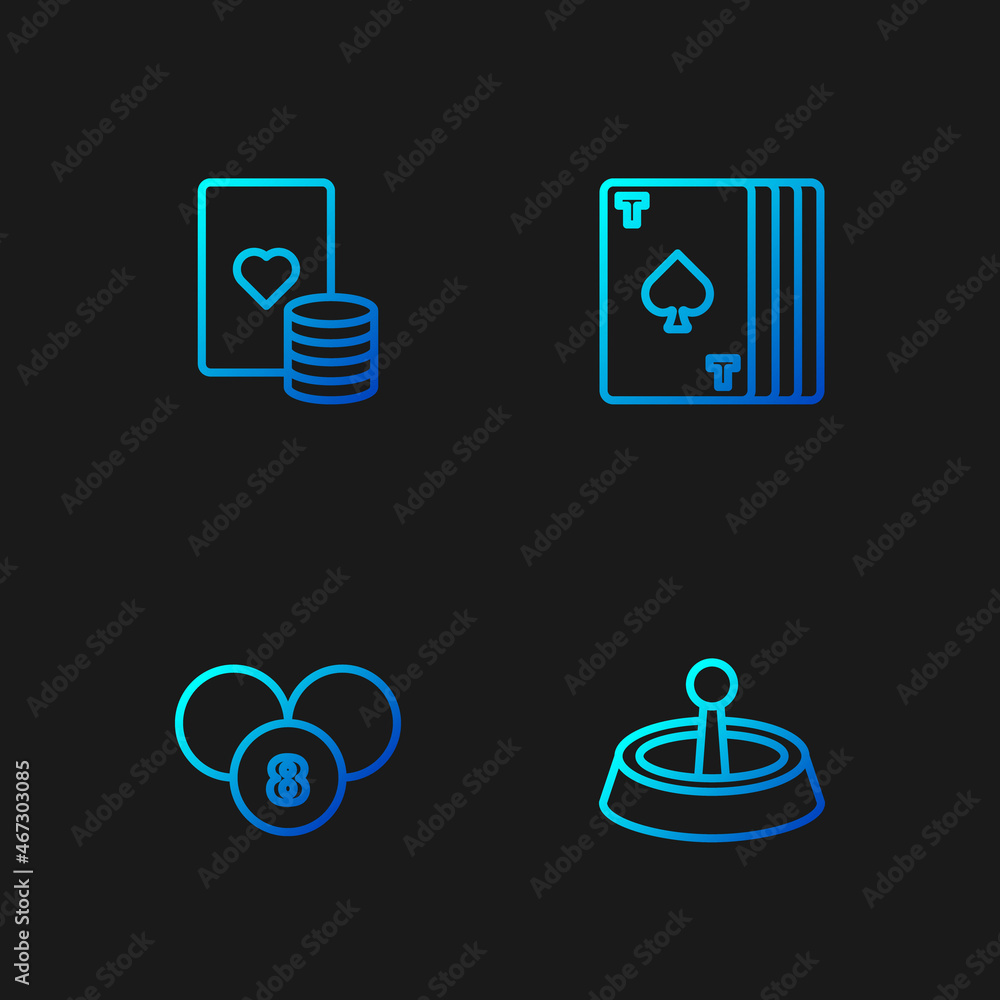 Set line Casino roulette wheel, Lottery ball on bingo card, chip and playing cards and Deck of. Gradient color icons. Vector Set line Casino roulette wheel, Lottery ball on bingo card, chip and playing cards and Deck of. Gradient color icons. Vector