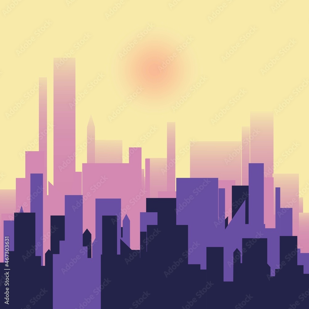 Silhouette of the evening city in the setting sun. Purple yellow color. Urban landscape in a flat style. Silhouette of city buildings vector background. Architecture of a modern city. Vector illustrat