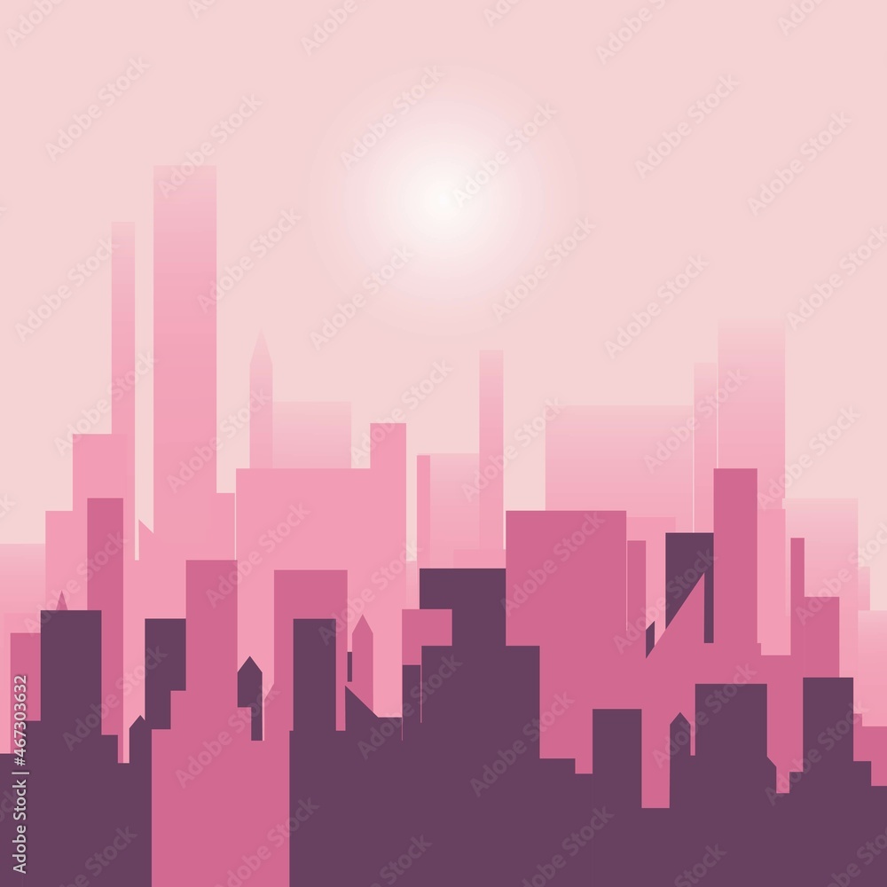 Urban landscape in a flat style. Silhouette of city buildings, vector background. Architecture of a modern city. Pink color. Vector illustration of the city in the daytime.