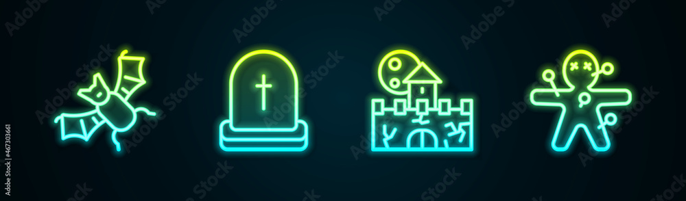 Set line Flying bat, Tombstone with RIP written, Castle, fortress and Voodoo doll. Glowing neon icon. Vector Set line Flying bat, Tombstone with RIP written, Castle, fortress and Voodoo doll. Glowing neon icon. Vector
