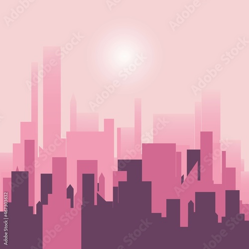 Urban landscape in a flat style. Silhouette of city buildings  vector background. Architecture of a modern city. Pink color. Vector illustration of the city in the daytime.