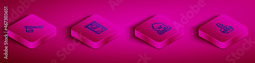 Set Isometric line Wooden axe, Guillotine, Tombstone with RIP written and Bottle potion icon. Vector