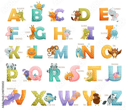 English alphabet letters with cute baby animals. Children education, home or kindergarten decor cartoon vector illustration