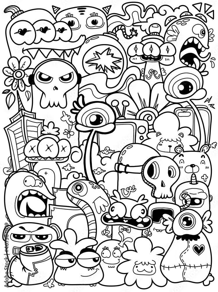 Hand- drawm illustrations, monsters doodle, Cartoon crownd doodle handdrawn pattern, Doodle style.