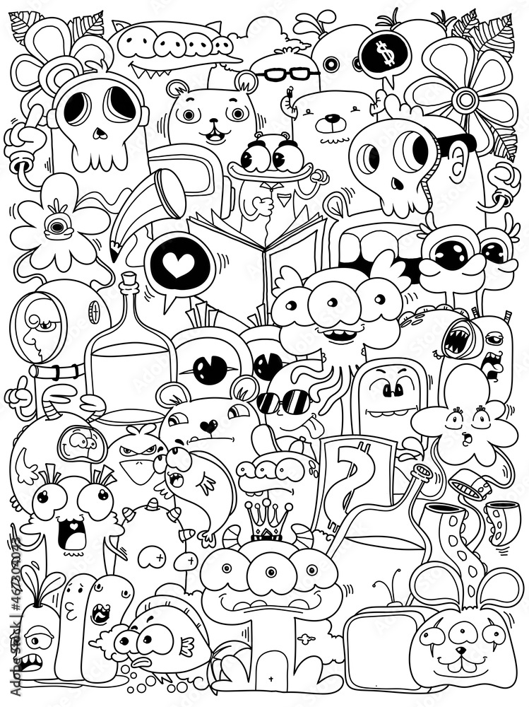 Hand- drawm illustrations, monsters doodle, Cartoon crownd doodle handdrawn pattern, Doodle style.