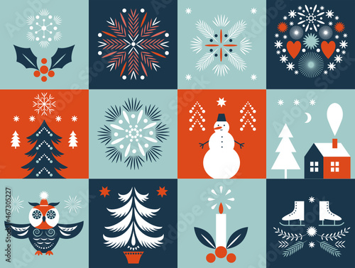 Set of  square Christmas illustrations, design elements. Vector collection of xmas elements