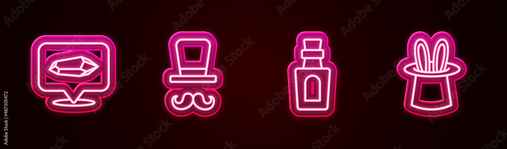 Set line Magic stone, Magician, Bottle with potion and hat and rabbit ears. Glowing neon icon. Vector Set line Magic stone, Magician, Bottle with potion and hat and rabbit ears. Glowing neon icon. Vector