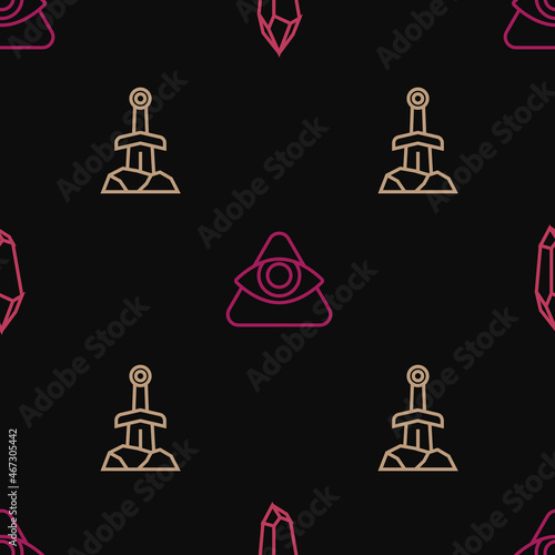 Set line Magic stone, Sword in the and All-seeing eye of God on seamless pattern. Vector