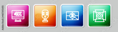 Set line Screen tv with 4k, Microphone, Old film movie countdown frame and Movie spotlight. Colorful square button. Vector