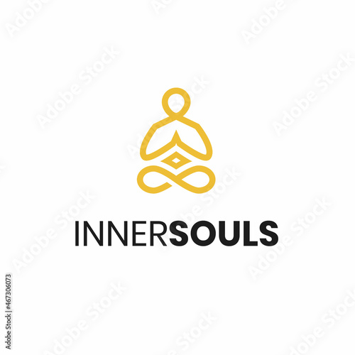 Inner Souls Logo Concept - a man in a meditation or yoga position to calm his soul designed in monogram  simple outline illustration
