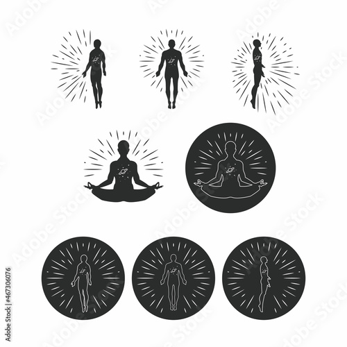 Several pose of a man or woman doing meditation or yoga pose to emit or gain his her energy to make his her mind or soul clear and calm