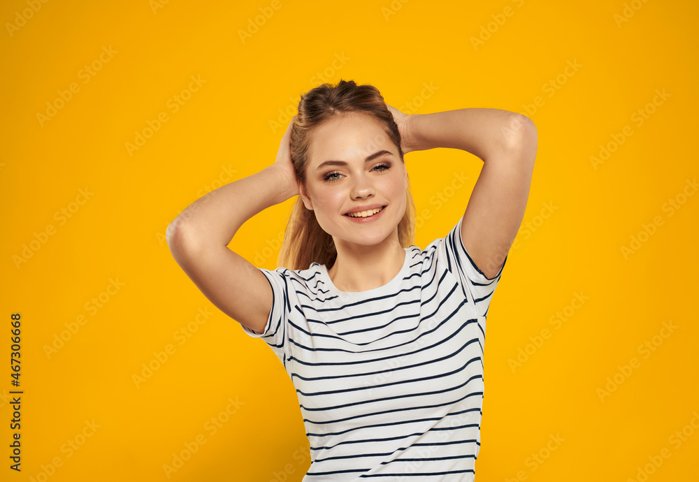 beautiful woman in striped t-shirt emotions studio fun beautiful woman in striped t-shirt emotions studio fun