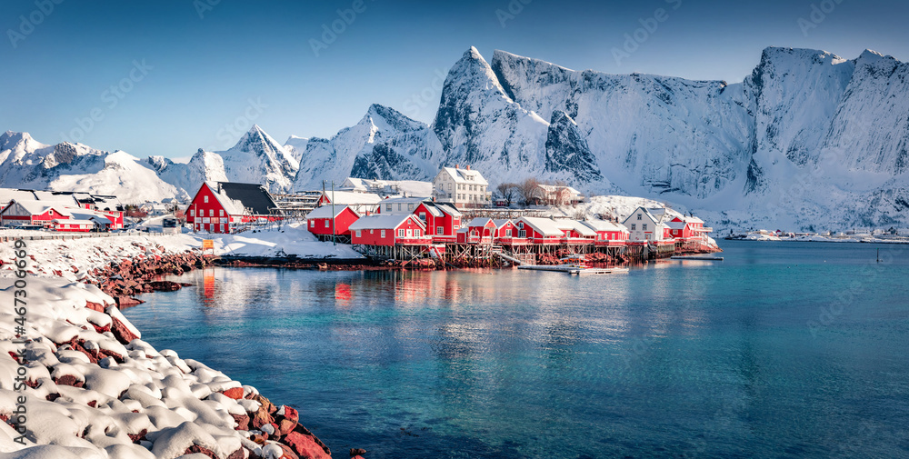 Captivating afternoon scene of Sakrisoy village, Norway, Europe. Superb winter view of Lofoten Islads. Beautiful seascape of Norwegian sea. Untouched winter landscape. - obrazy, fototapety, plakaty 