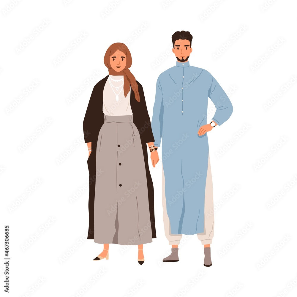 Modern Arab love couple of man and woman in fashion casual clothes. Portrait of Muslim male in tunic and female in hijab. Arabian people. Colored flat vector illustration isolated on white background