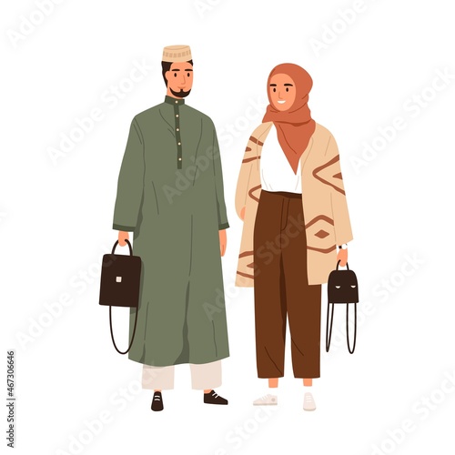 Arab couple in modern casual clothes and headwears. Portrait of Muslim man in thobe and woman in hijab and pants. People in trendy outfit. Colored flat vector illustration isolated on white background