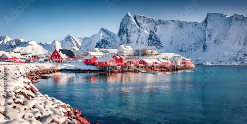 Captivating afternoon scene of Sakrisoy village, Norway, Europe. Superb winter view of Lofoten Islads. Beautiful seascape of Norwegian sea. Untouched winter landscape. photo