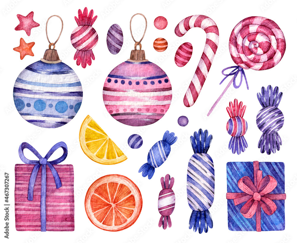 Watercolor Christmas set with gift boxes, sweets, candy, lollipops and christmas balls. Watercolor illustration isolated on white background.