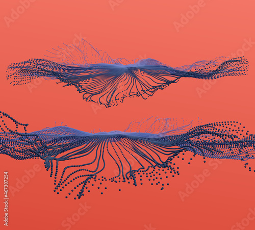 Point explode. Array with dynamic emitted particles. 3d technology style. Abstract background. Vector illustration.