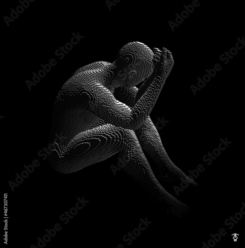 Man is thinking. Artificial intelligence concept. Digital technology background. Voxel art. 3D vector illustration.
