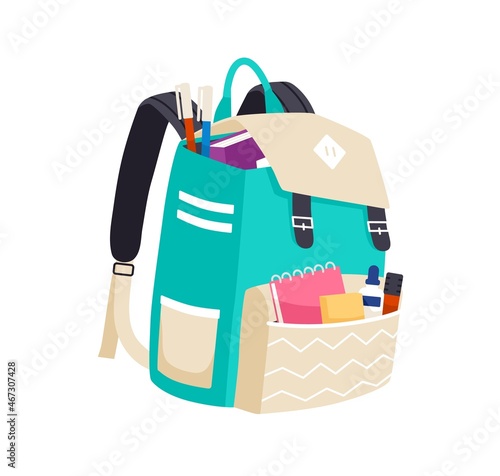 Schoolbag full of school stationery, books and supplies in pockets of backpack. Heavy bag overfilled with notebooks and pens. Flat vector illustration of knapsack isolated on white background