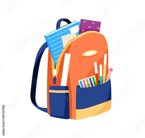 School bag full of stationery, books and supplies in pockets. Open schoolbag with pens and pencils. Schoolkids backpack. Colored flat vector illustration of knapsack isolated on white background