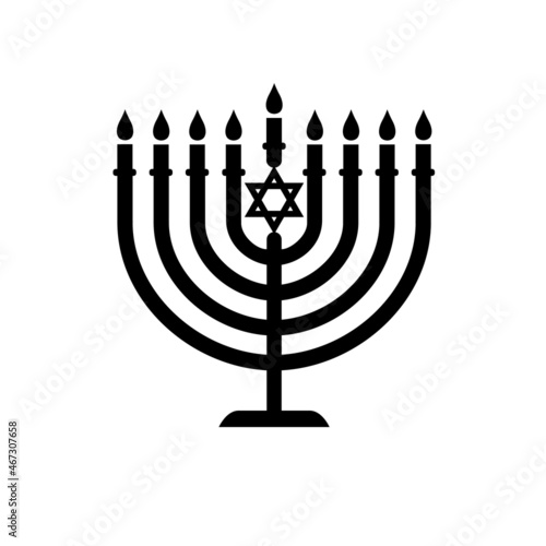 Hanukkah menorah emblem with magen David star. Jewish holiday Hanukkah greeting card. Chanukah traditional black symbol menorah candles lights. Vector template