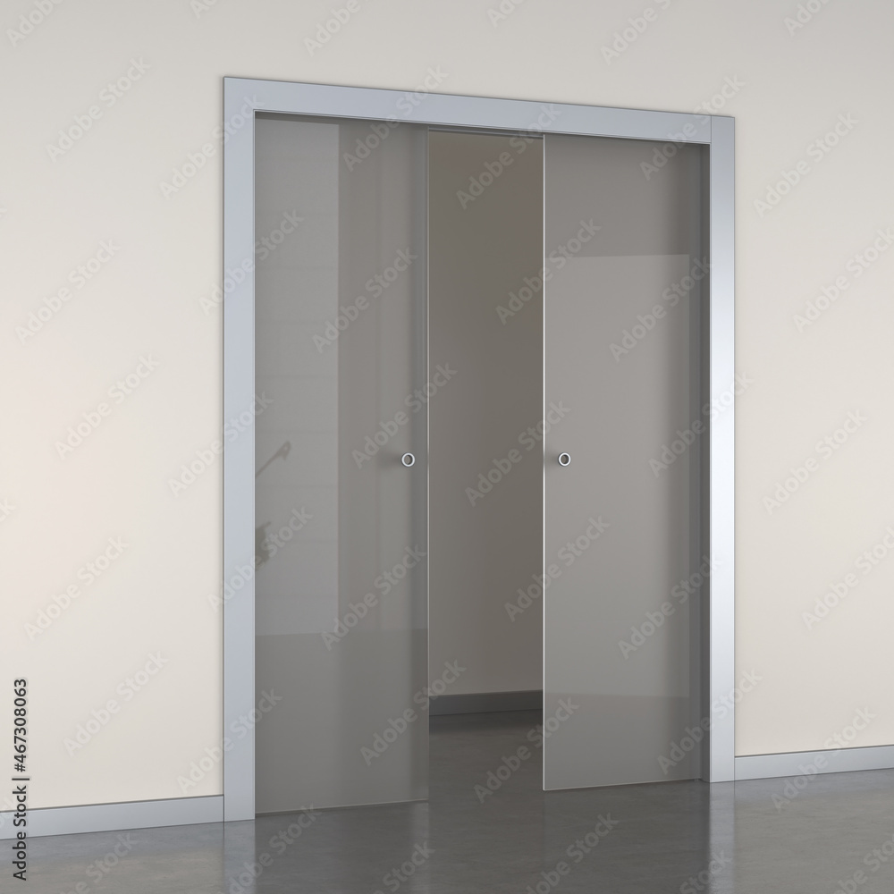 3d rendering of a double panel sliding door in frosted glass and metal 3d rendering of a double panel sliding door in frosted glass and metal