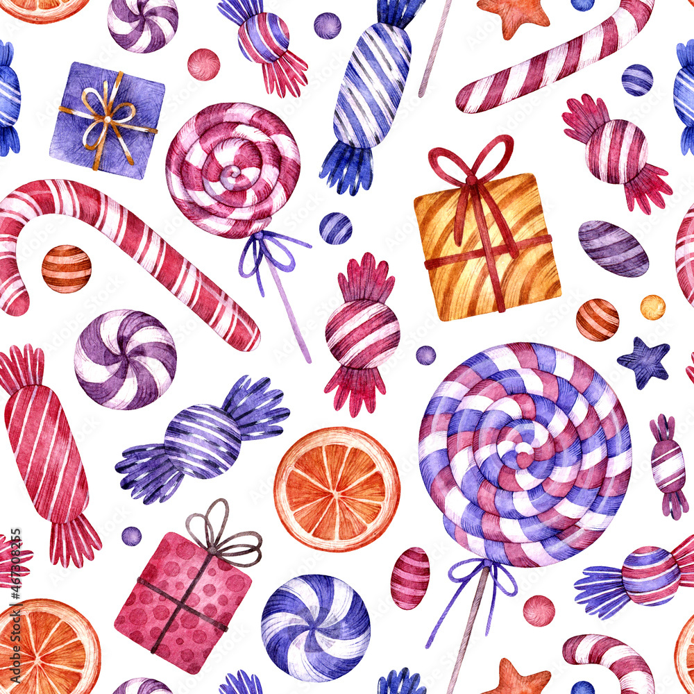Fototapeta premium Watercolor Christmas seamless pattern with a sweets, lollipops and gifts. Hand drawn texture on white background.