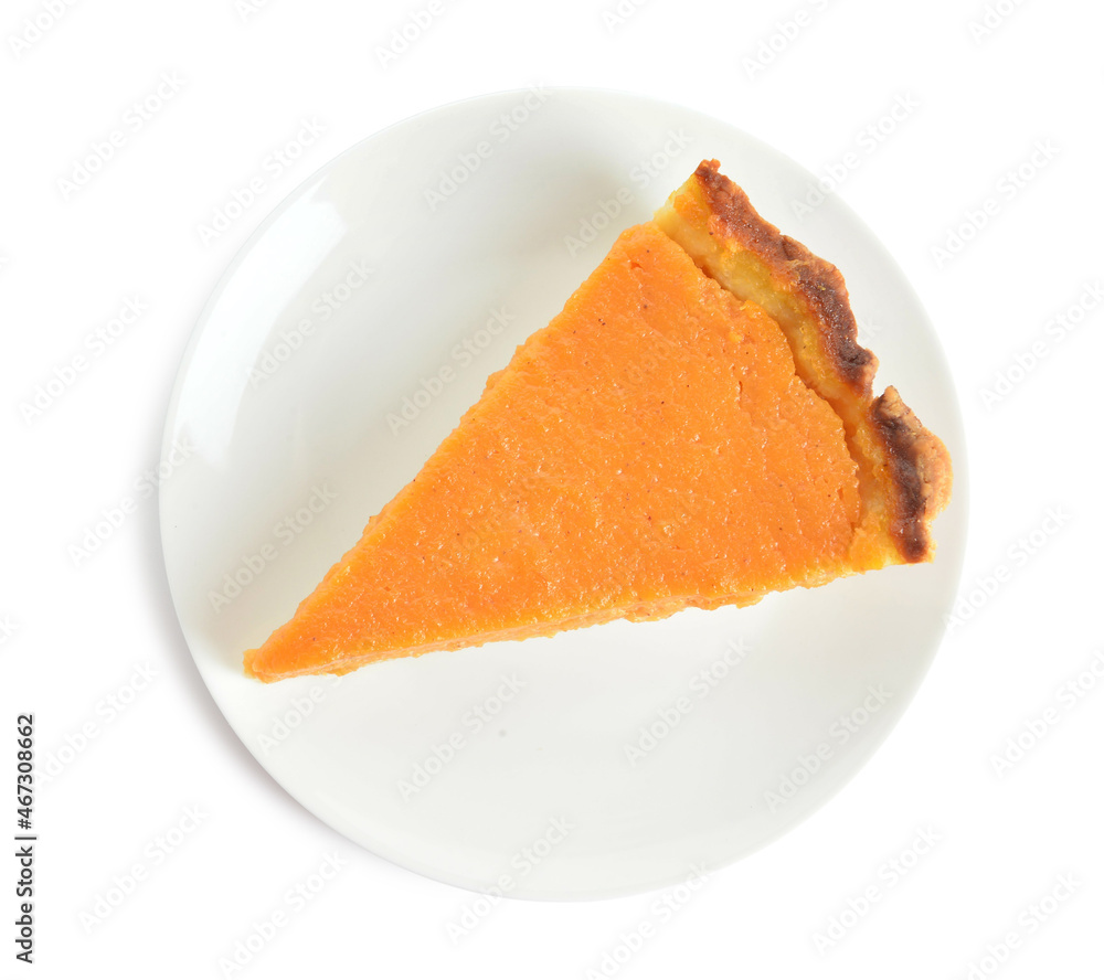 Plate with piece of delicious pumpkin pie on white background Plate with piece of delicious pumpkin pie on white background