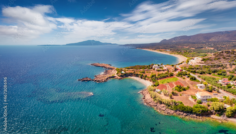 Aerial view of Pyla beach, Demonia village location. Majestic morning seascape of Mediterranean sea. Captivating summer scene of Peloponnese peninsula, Greece, Europe.