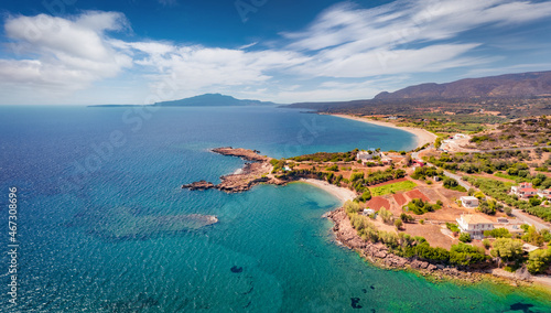 Aerial view of Pyla beach  Demonia village location. Majestic morning seascape of Mediterranean sea. Captivating summer scene of Peloponnese peninsula  Greece  Europe.