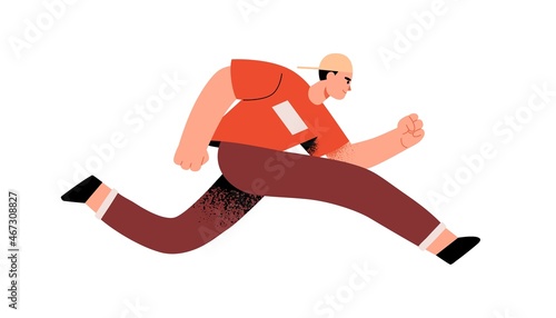 Person running, rushing and trying to succeed in life challenges. Aspirations and fast lifestyle concept. Determined man pushing forward to aim. Flat vector illustration isolated on white background