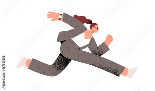 Business person hurrying and running forward at high speed to achieve aims and succeed in career ambitions. Fast lifestyle concept. Woman rushing. Flat vector illustration isolated on white background