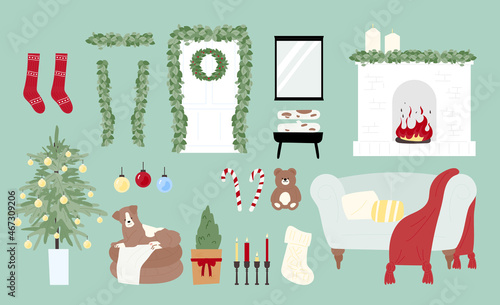 A collection of Christmas house decorations. flat design style vector illustration.