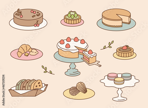 A collection of sweet bakery desserts. outline simple vector illustration. photo