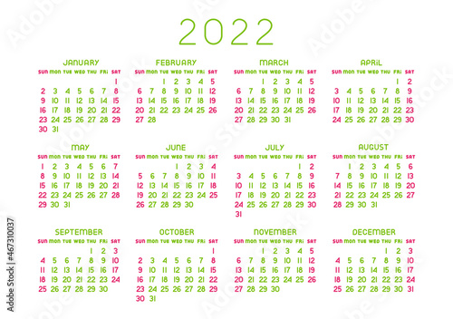 Vector isolated calendar 2022 on white board board. Colored month and days. Sunday to monday.