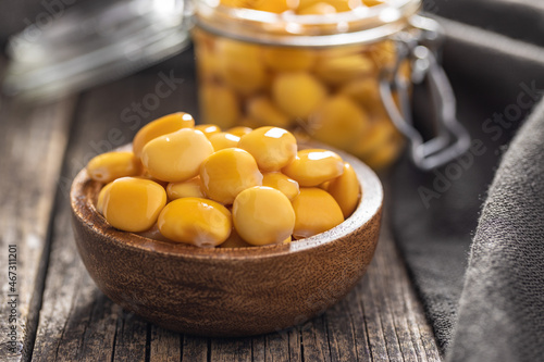 Pickled yellow Lupin Beans in bowl