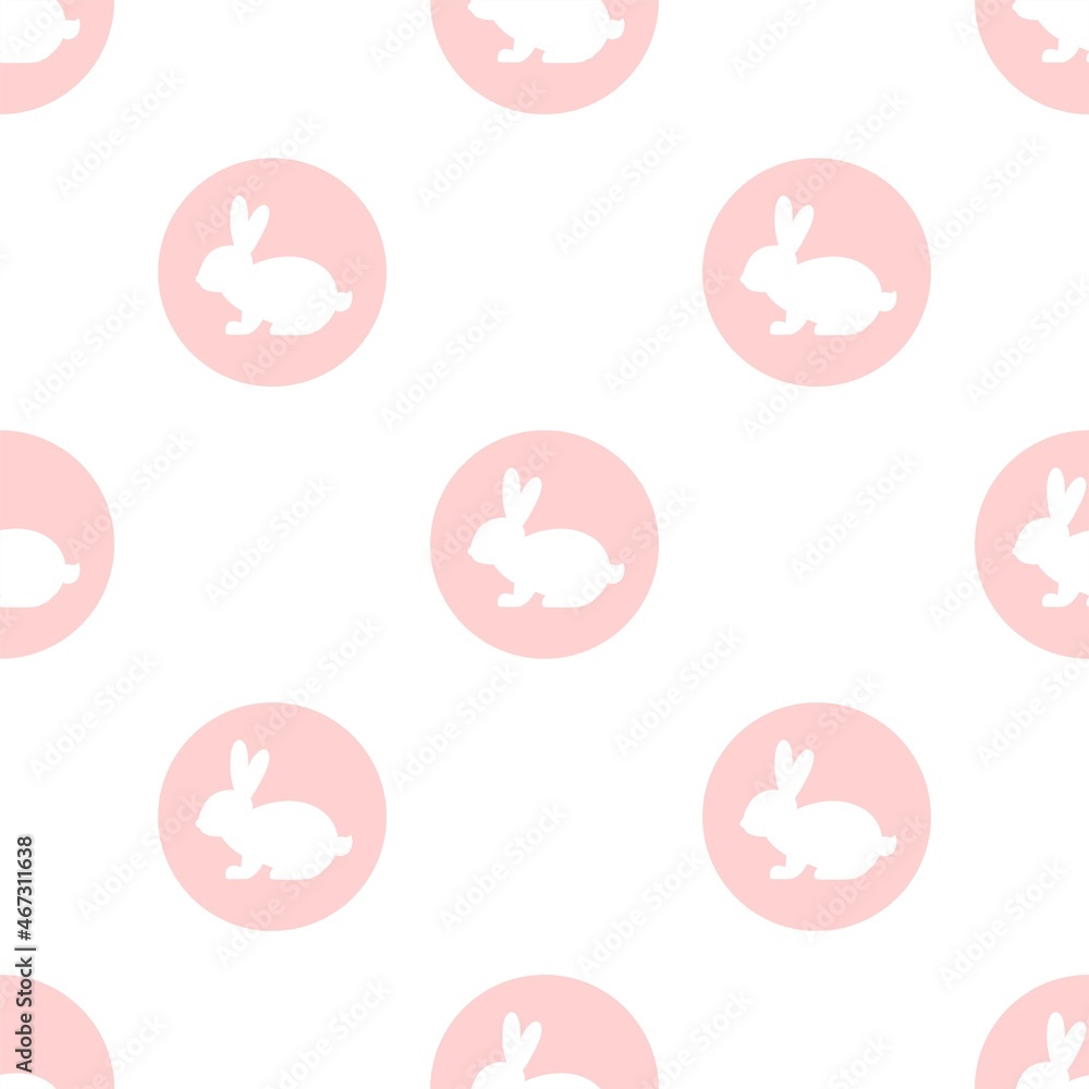 Seamless pattern with rabbits and pink circles on white background. Seamless pattern with rabbits and pink circles on white background.