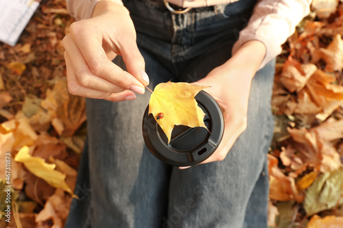 Fototapeta Naklejka Na Ścianę i Meble -  Woman holding takeaway cup of tasty coffee in autumn park